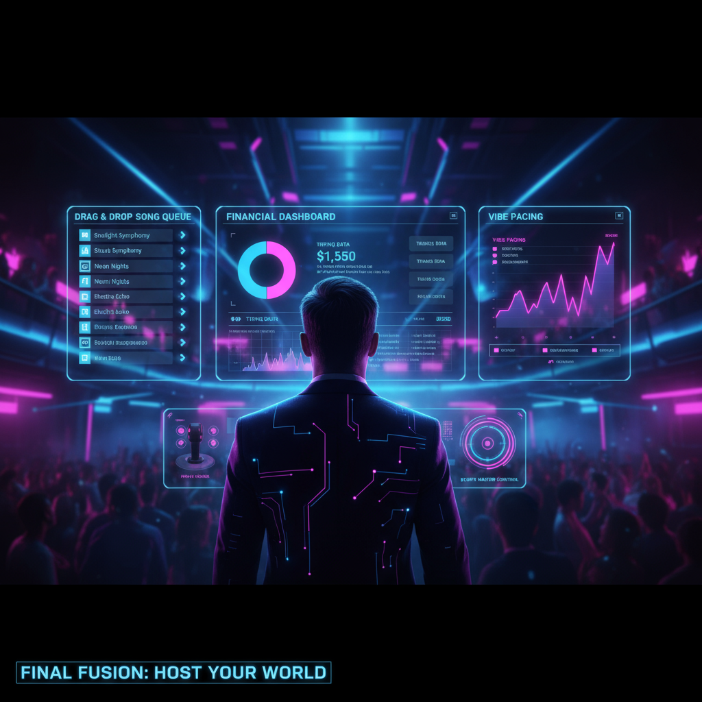 A host uses a futuristic holographic interface to manage a karaoke night.