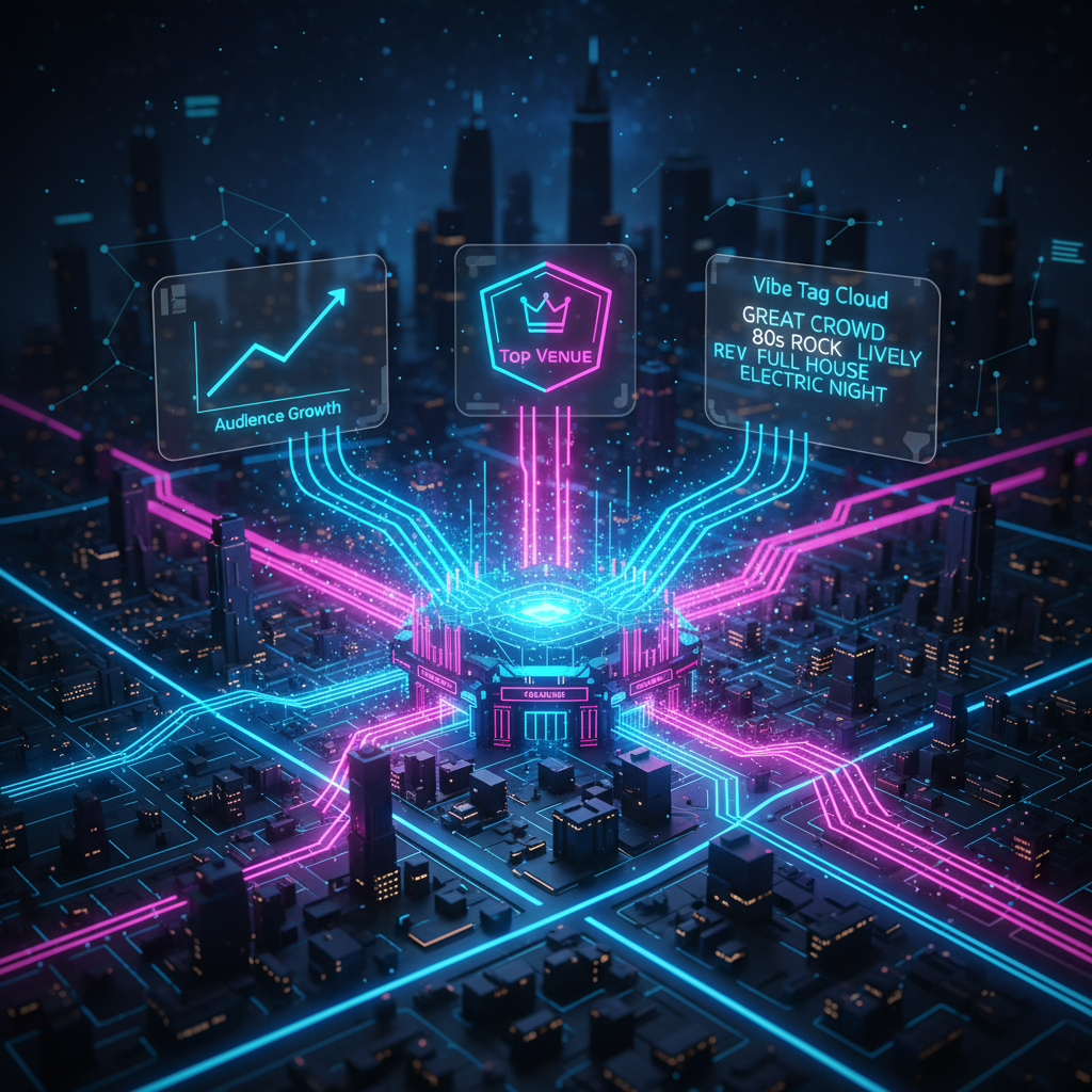 A stylized map showing a venue as a thriving hub of activity and data.